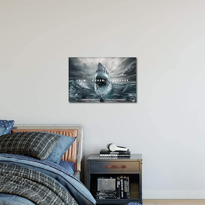Motivational Wall Art Calm Under Pressure Inspirational Wall Decor Artwork Sharks and Angler Pictures Print Posters Stretched by Wooden Framed for Living Room Home Office Decor - 18”Hx24”W