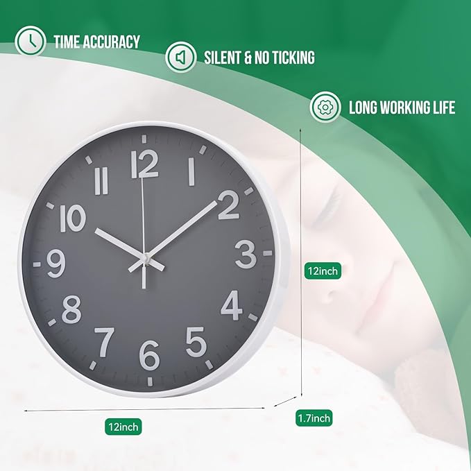 Wall Clock 12 Inch Grey Modern Simple Quartz Decorative Clock Non-Ticking Silent Battery Operated Round Wall Clocks Trendy and Practical Best Gift for Living Room Bedroom Kitchen Office