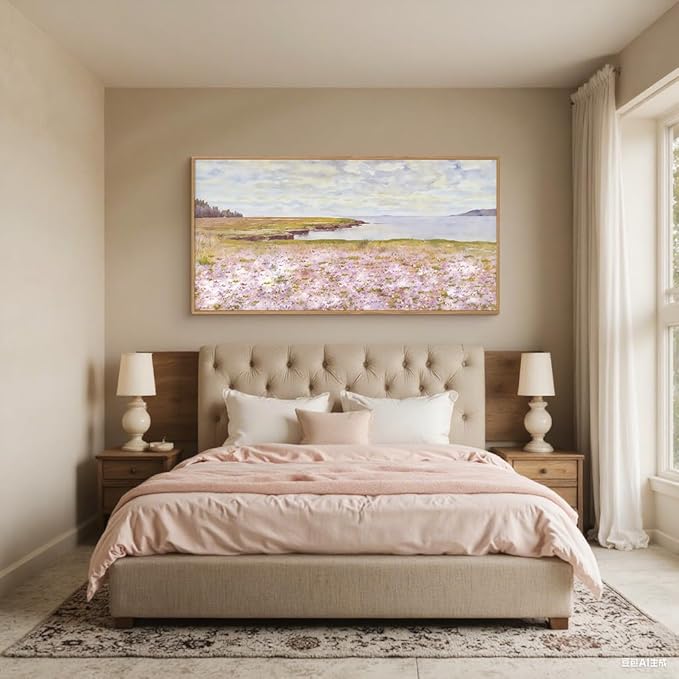 HOURIA Spring Watercolor Pink Floral Coastal Landscape Framed Canvas Wall Art Set,Nature Inspired Wildflower & Meadow Cottage Field Wall Decor,Modern Seaside Beach Artwork for Living Room,Farmhouse-20"x40"x1