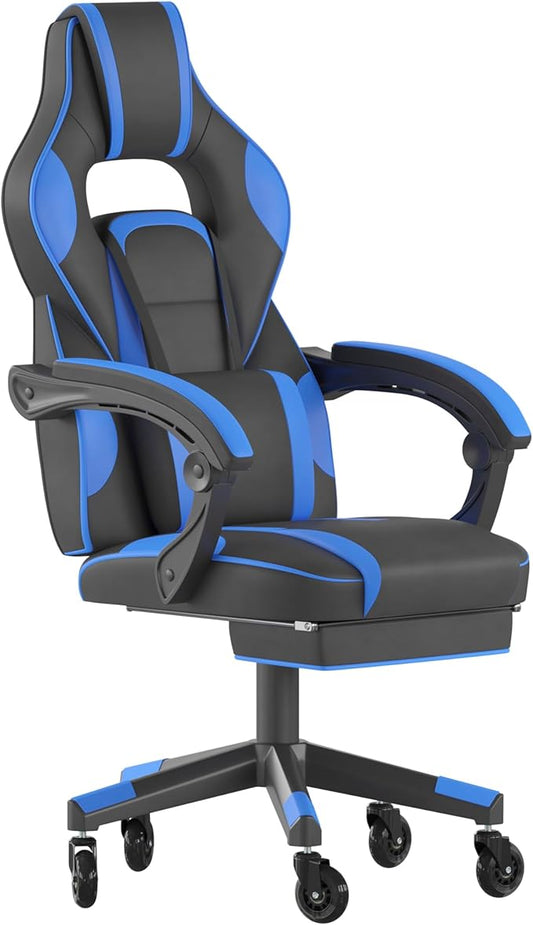 Flash Furniture X40 Gaming Chair Racing Computer Chair with Fully Reclining Back/Arms and Transparent Roller Wheels, Slide-Out Footrest, - Black/Blue