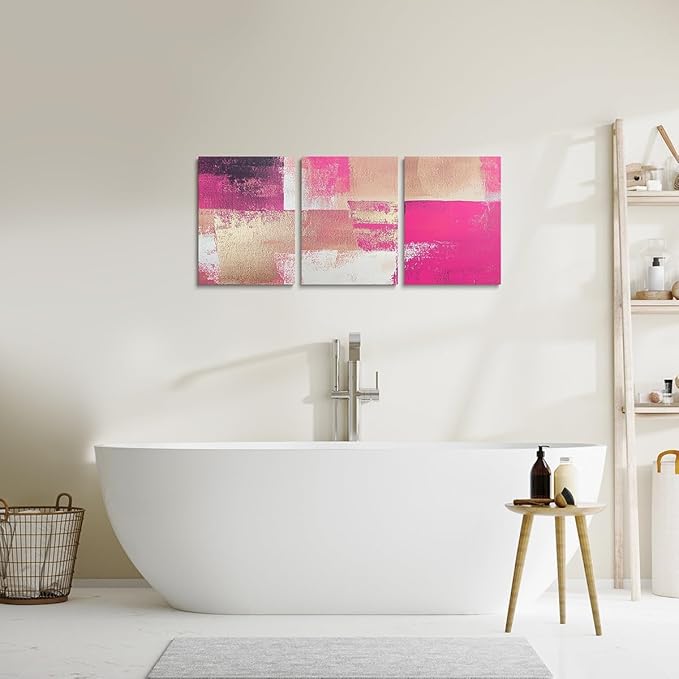 jejeloiu 12"x16"x3pcs Abstract Oil Painting Office Decorations Artwork Posters Abstract Art 3 Piece Canvas Wall Art for Living Room Bedroom Hot Pink Modern Picture Wall Decor
