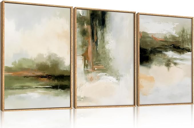 KAIRNE Green Abstract Neutral Framed Canvas Wall Art Set, Modern Watercolor Shapes Wall Decor, Minimalist Pastel Wall Painting, Brown, Gray Tan for Living Room, Bedroom, Office 24x36 Inch