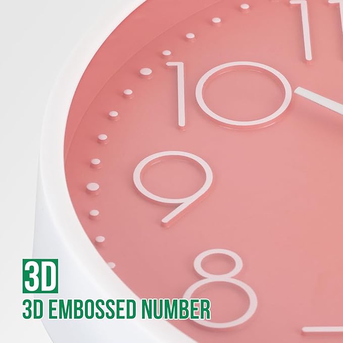 Wall Clock Non-Ticking Silent Modern Simple Style Round Decor Clock Stereoscopic Dial Quartz Wall Clocks for Home/Office/School/Living Room/Bedroom/Kitchen (Peach Pink, 12inch)