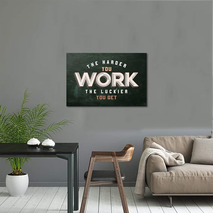 The Harder You Work The Luckier You Get - Inspirational Office Quotes Canvas Wall Art Black and White Positive Affirmations Wall Decor Artwork for Walls HD Print Framed Ready to Hang-16 Wx12 H