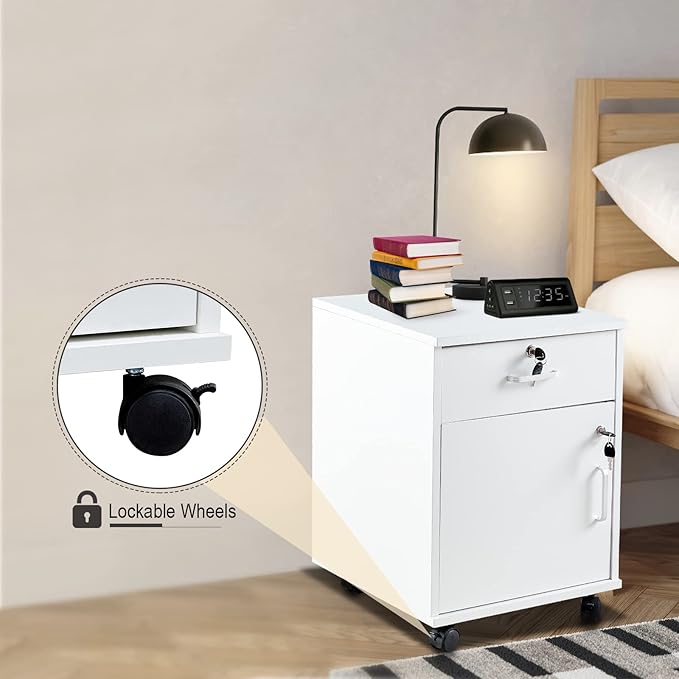 Mobile 2 Drawer File Cabinet with Lock, Wooden Under Desk Filing Cabinet with Wheels, Small Rolling Storage Cabinet for Home Office Organizer A4/Letter Size/Legal, White