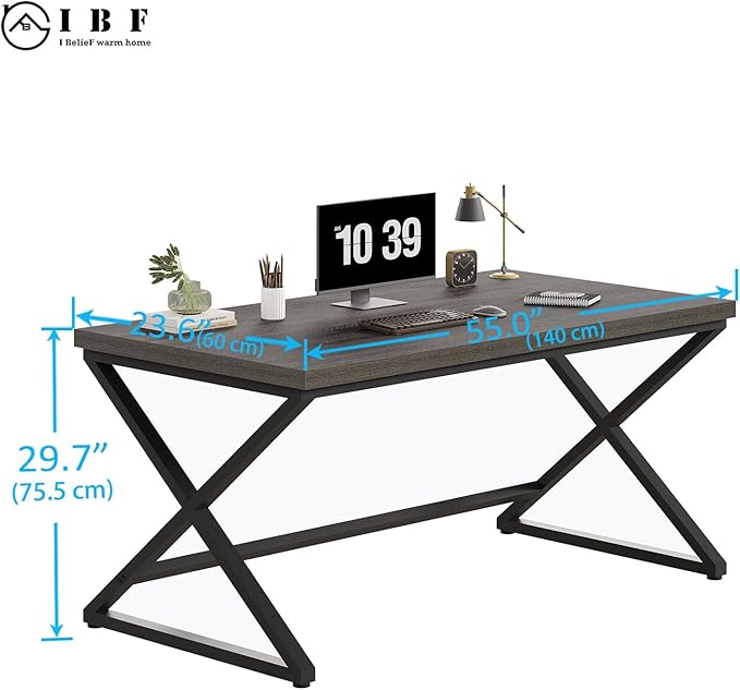 IBF Grey Home Office Desk, Modern Computer Desk for Writing Study, Wood Metal Rustic Pc Gaming Executive Work Desk, Industrial Workstation Computer Table in Bedroom, Dark Gray Oak, 55 Inch