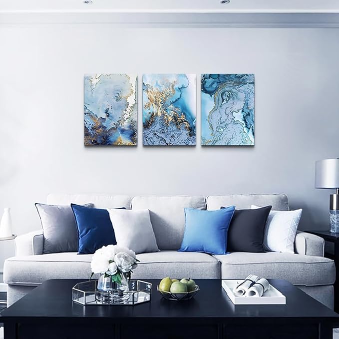 Lapremoly Abstract Canvas Wall Art For Living Room Bedroom Wall Decoration Office Decor Pictures Blue Watercolor Paintings Ready To Hang Home Artwork Framed Canvas prints Decor 3 Pieces