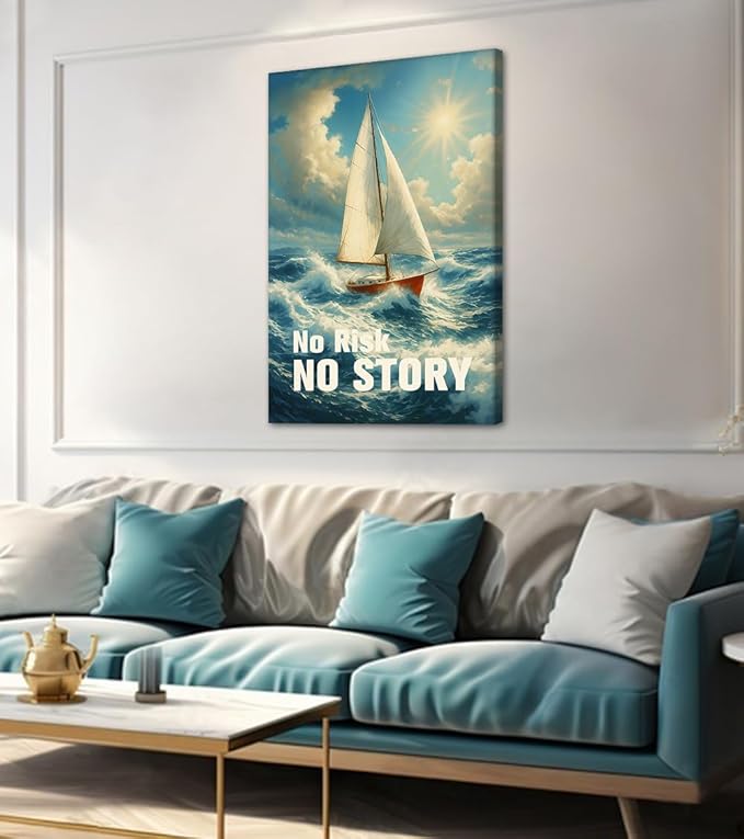 Bold Adventure Wall Art - Nautical No Risk No Story Canvas Print, Motivational Quotes Wall Decor, Inspirational Sailboat Picture Encouraging Poster Modern Artwork for Office Home, Framed 28"x44"