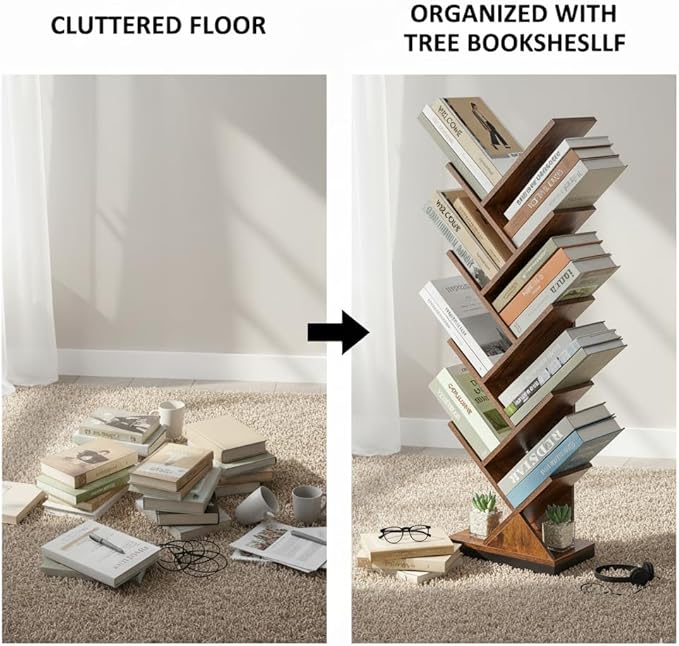 ruboka 9 Tier Tree Bookshelf, 9 Shelf Floor Standing Bookcase Display for CDs/Magazine/Books, Retro Bookshelf for Bedroom, Living Room, Office,Balcony,Book Organizer Storage Shelves