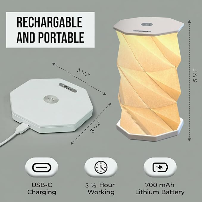 Origami Expanding Foldable LED Desk Lamp – USB Rechargeable & Portable - Dimmable Touch Control Light with Adjustable Height up to 5 1/2 for Office, Travel, Bedside - Sleek & Modern Design (White)