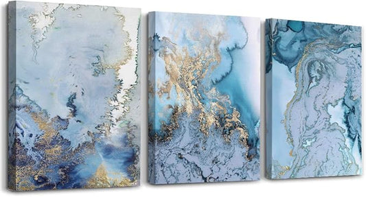 Abstract Canvas Wall Art For Living Room Bedroom Decoration Bathroom Wall Decor Blue Abstract Watercolor Painting Home Decoration Kitchen Posters Pictures Artwork,Inspirational Wall Art 3 Piece Set