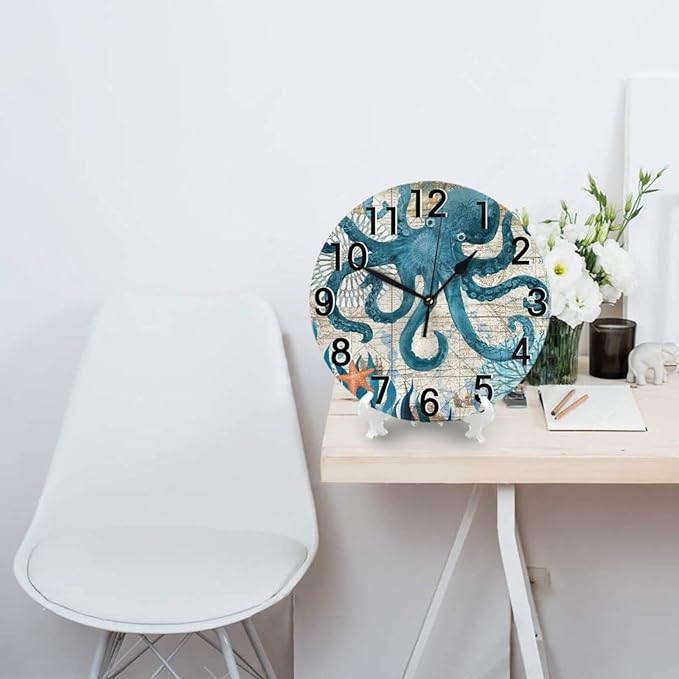 Blue Octopus Nautical Map Wall Clock Battery Operated Silent Round Clock Wall Decor for Home Office School, 12 Inch