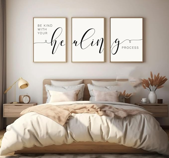 Home Decor Wall Art 3 Pieces Be Kind With Your Healing Process Poster Prints Canvas Painting Framed Artwork for Bedroom Hospital Decoration with Inner Frame