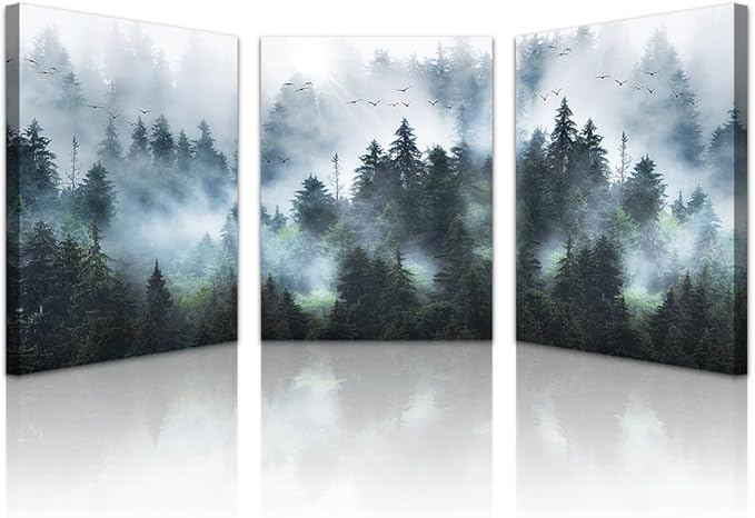 Lapremoly Trees Landscape Pictures Wall Decorations For Living Room Canvas Wall Art For Bedroom Modern Office Wall Decor Foggy Forest Wall Painting Artwork Ready To Hang Room Home Decor 3 Piece