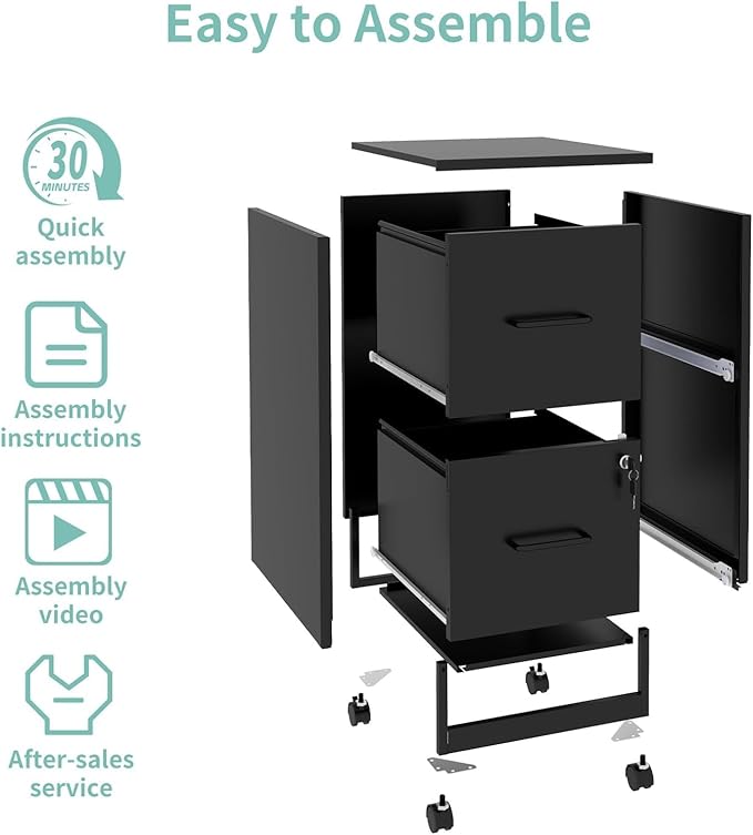 2 Drawer File Cabinet with Wheels, Metal Mobile Filing Cabinets with Lock, Vertical File Cabinet for Home Office, Rolling Storage Cabinet for A4/Letter/Legal Size File, Assembly Required, Black