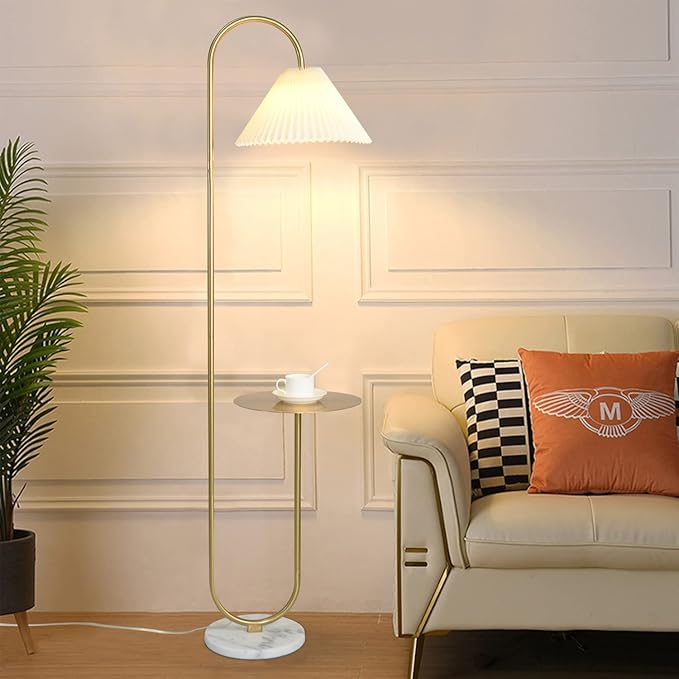 beaysyty Modern Elegant with Tray Floor Lamp for Office Cafe Den Living Room Bedroom, Foot Switch and Brass/Gold Finish,Light Yellow Pleated Cloth Lampshade