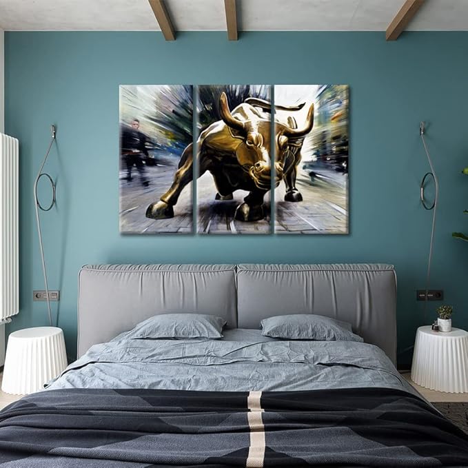 TUMOVO Paintings for Wall Decor 3 Pieces Wall Street Bull Canvas Wall Art for Living Room Bathroom Bedroom Kitchen Decoration Modern Giclee Prints Stretched and Framed Ready to Hang - 36" Wx24 H