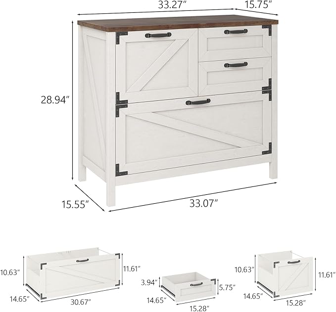 Vabches Lateral File Cabinet, Farmhouse 4 Drawer File Cabinet for Letter/Legal/A4 Size Hanging Files, Large Wood File Storage Cabinets Printer Stand for Home Office, Rustic White