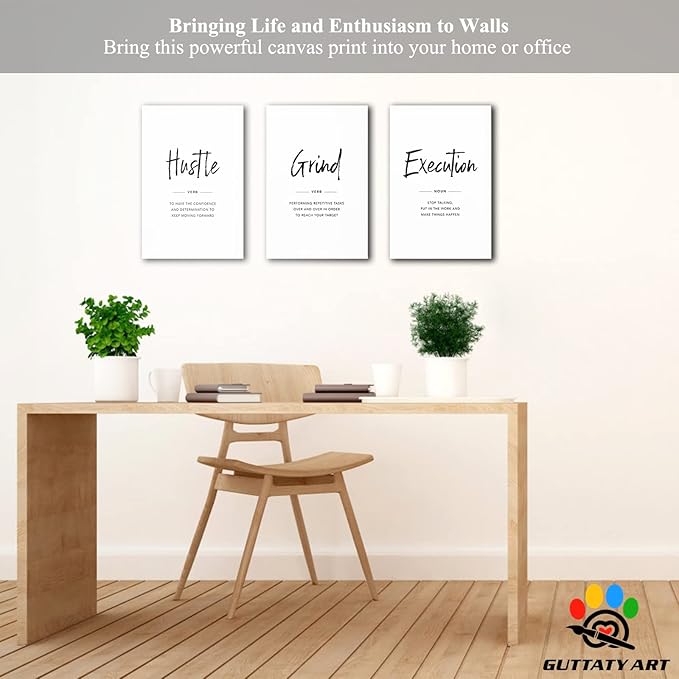 Office Wall Art - 3 Panel Motivational Wall Art, Inspirational Quotes Canvas Art for Home Office Wall Decor, Positive Quotes Wall Decor, Entrepreneur Grind Hustle Execution Poster Frame (12”x18”x3Pcs)