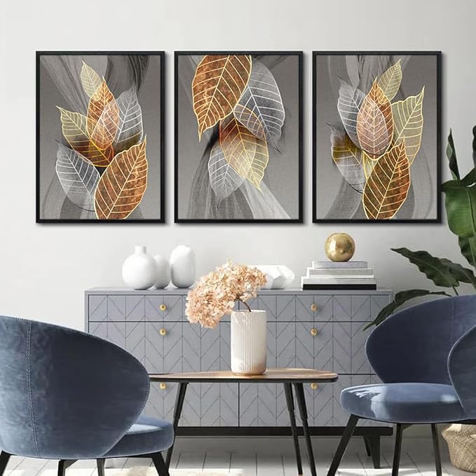 Black Framed Canvas Wall Art For Living Room Wall Decorations For Kitchen Large Size Wall Decor Abstract Leaves Painting Inspirational Pictures Artwork Bathroom Home Decor of 3 Piece Framed Art Prints