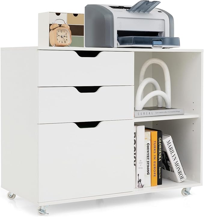 Giantex 3 Drawer File Cabinet, Office Storage Cabinet Fits Files Letter, A4, Legal Size, Rolling Printer Stand with Adjustable Shelf, Office Organization and Storage, Lateral Filing Cabinet (White)