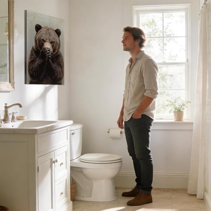 YOUHONG Funny Bear Bathroom Decor with Wooden Frame, Lightweight Bathroom Bear Holding Nose Wall Art Humor Animals Painting for Restroom Toilet,Funny Animals Posters Ready to Hang 28x40 Inches