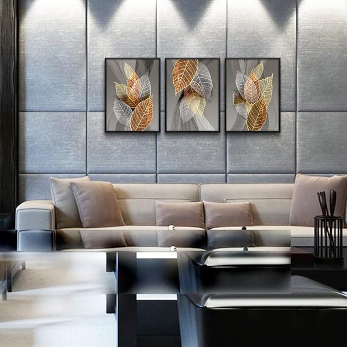 Black Framed Canvas Wall Art - 3 Piece Abstract Paintings of Leaves for Living Room, Kitchen, Bedroom & Modern Bathroom Decor