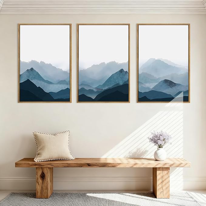 BINCUE Large Blue Mountain Wall Art Blue Minimalist Wall Decor Fog Blue Ridge Mountains Artwork 24x36 Inches Minimalist Landscape Paintings Framed Mountains Art Large Landscape Artwork for Living Room Bedroom Office Set of 3