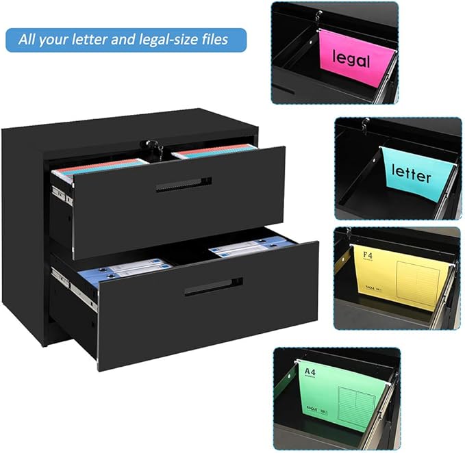 Lateral Filing Cabinet, 2 Drawer Metal Lockable File Cabinet for Commercial Grade Office Legal and Letter File (Black)