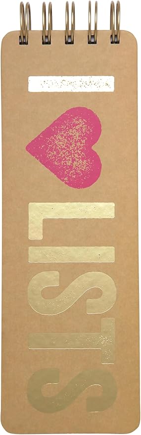 Eccolo Tall Spiral Memo Pad, 300 Pages, 150 Sheets, Double Spiral Binding, Office Essentials for Work, List Notepad for Students, Class, and Shopping, I Heart Lists (Gold, 3x8.5 inches)