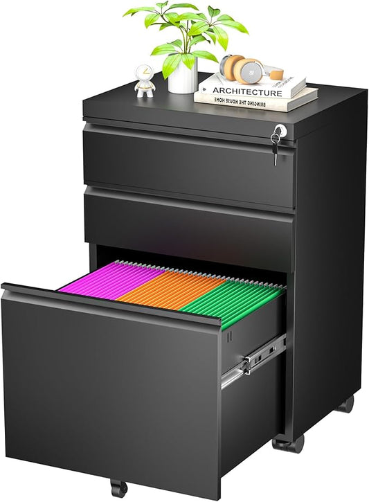 Greenvelly Mobile File Cabinet, 3 Drawer Metal Filing Cabinet on Wheels, Under Desk File Cabinet for Home Office Organizer Letter/Legal/A4 File (Requires Assembly-Black)