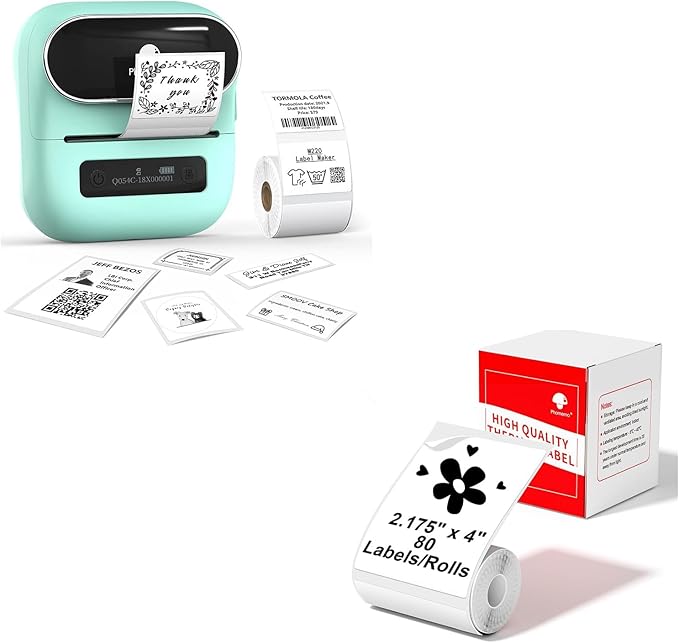 Phomemo M220 Label Maker Green & 1 Roll White Thermal Label 2.175"x4"(54x101mm), Upgrade 3 Inch Barcode Portable Printer, for Office & Small Business, Compatible with Phones&PC