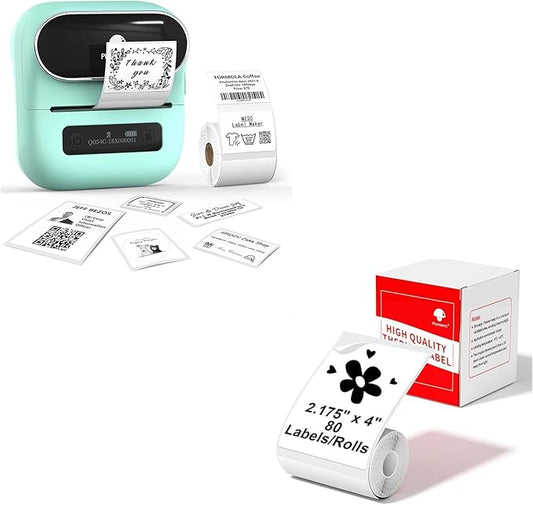 Phomemo M220 Label Maker Green & 1 Roll White Thermal Label 2.175"x4"(54x101mm), Upgrade 3 Inch Barcode Portable Printer, for Office & Small Business, Compatible with Phones&PC