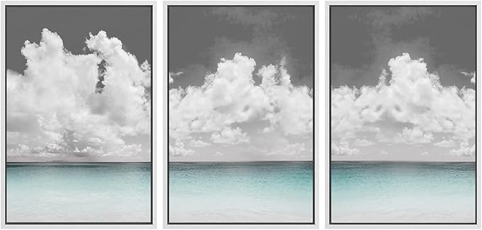 SIGNWIN 3 Piece Framed Canvas Wall Art Clouds Above The Blue Ocean Nature Wilderness Illustrations Abstract Traditional Relax/Calm Home Artwork Decoration for Living Room,Bedroom - 24"x36"x3 White