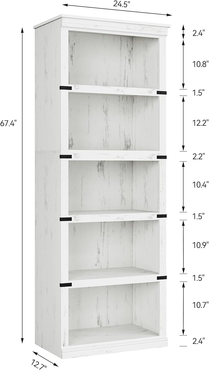 GarveeHome 5 Tier Farmhouse Bookcase, 67.4" Tall Book Shelf with Storage, Wooden Bookshelves 5 Shelf Display Shelves for Home Office(67.4" H x 31.5" W x 12.8" D) (White, 67.4" H x 24.4" W x 12.8" D)