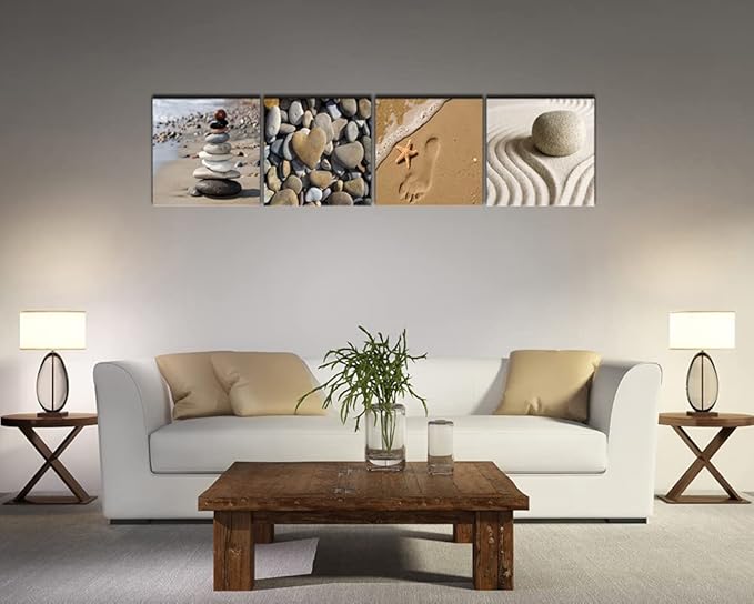 Wieco Art Canvas Prints Wall Art Romantic Beach Theme Zen Stone Pictures Paintings for Living Room Kitchen Home Decor Large Modern 4 Panels Stretched and Framed Seascape Sea Beach Artwork L