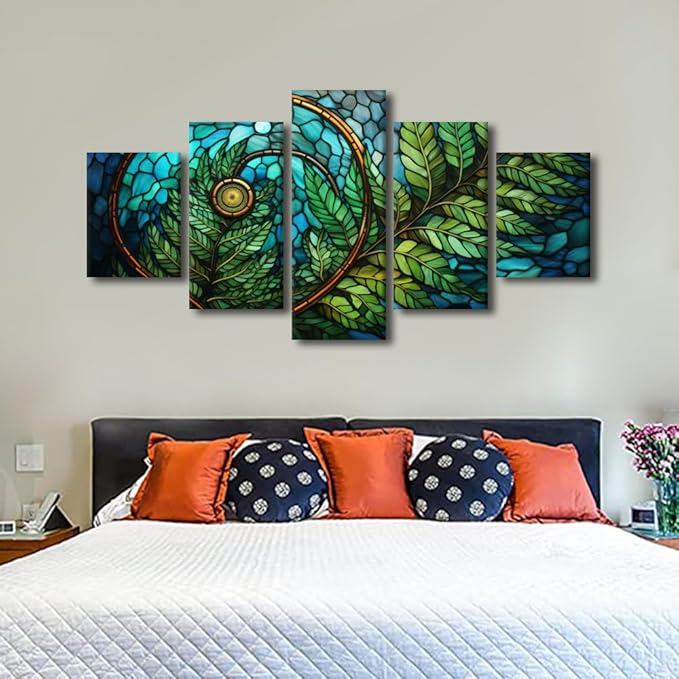 Canvas Wall Art for Men Modern Stained Glass Style Pattern Printing Spiral Green Leaf Canvas Art 5 Panel Poster Print Art for Bedroom Office Wall Decor Stretched and Framed Ready to Hang 60x32 in