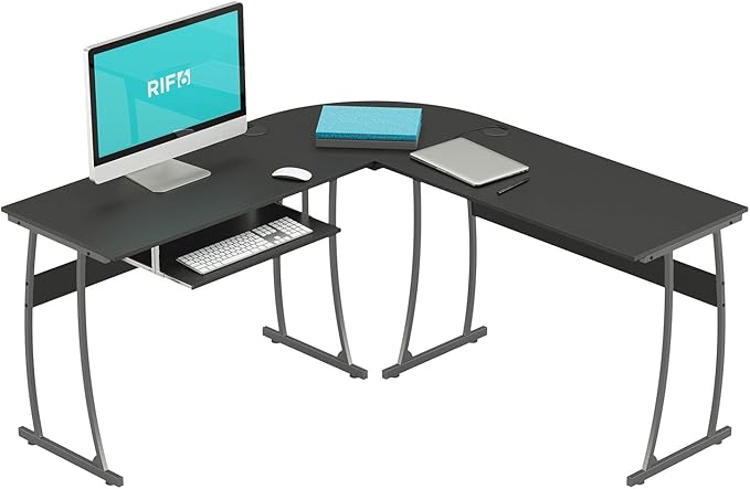 RIF6 L Shaped Modern Computer Home Office Gaming Desk with Keyboard Tray and Cable Management, Easy Assembly, Black