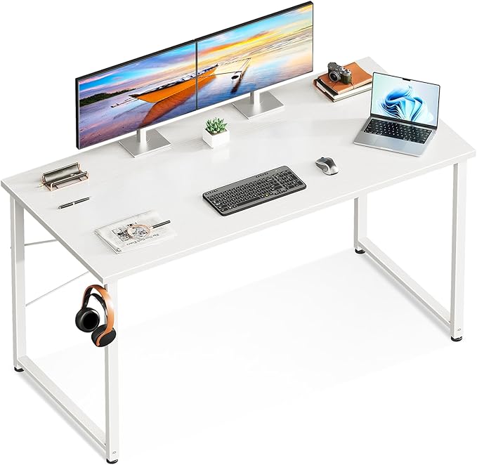 Casaottima 48 Inch Small Computer Desk for Home Office, Study Writing Table for Small Spaces, Simple Modern Desk with Headphone Hooks, White