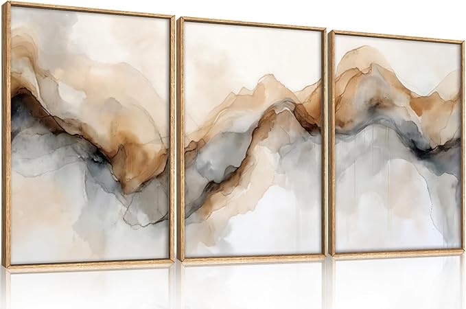 Ausril Abstract Neutral Framed Canvas Wall Art Set, Retro Watercolor Landscape Wall Decor, Modern Texture Art Prints, Minimalist Nature Wall Painting for Living Room, Bedroom, Office 16×24inches