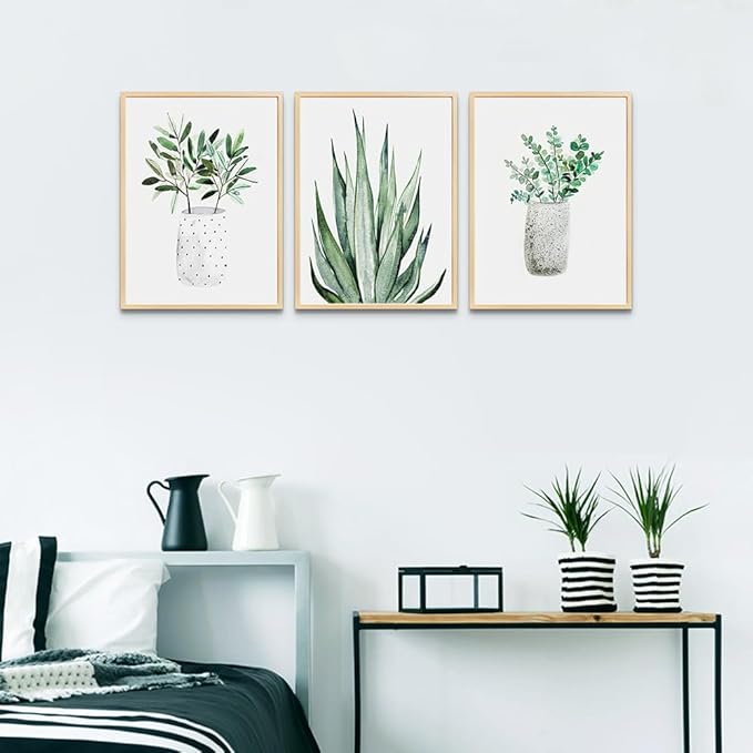 Natural Wood Framed Wall Art For Dining Room Large Wall Decor For Bedroom Kitchen Wall Decoration Living Room Decor Green Leaf Pictures Artwork For Home Walls Painting 3 Piece Framed Art Prints