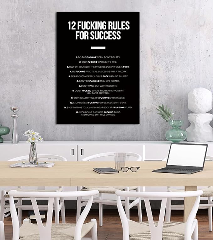 Yatsen Bridge 12 Fucking Rules for Success Canvas Wall Art Black and White Poster Print Success Inspirational Quotes Decor for Living Room Bedroom Man Cave Framed Ready to Hang 36x24 inch