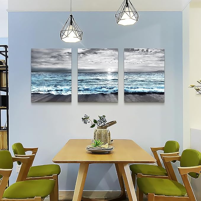 Lapremoly Canvas Wall Art For Living Room, Bedroom & Office Decor - Black & White Beach Wall Painting - Blue Ocean Sea Wave Pictures - 3 Piece Set - 20x28 in