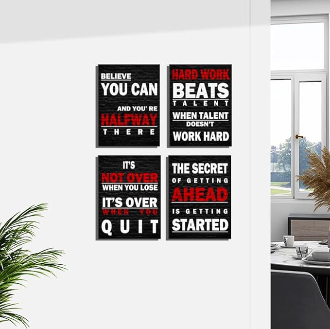 Inspirational Office Wall Art Décor Black and White Canvas Art Print Motivational Quotes Posters for Home Gymnasium, Fitness Center Wall Decor-Work Hard Beats Talent-Believe You Can-It's Not Over When