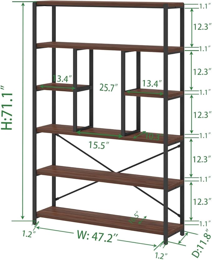 LVB 6 Tier Tall Bookshelf, Wood Metal Bookcases and Book Shelves 6 Shelf, Industrial Large Wide Etagere Book Shelf for Living Room, Vintage Rustic Big Open Bookcase Storage for Bedroom Office, Walnut