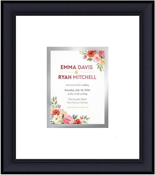 Invitation Picture Frame Black With Double Mat White Over Metallic Silver for 4.25x5.5 A2 Keepsake Made in the USA
