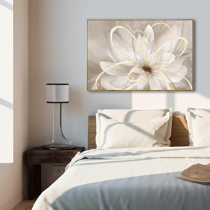 SOUGUAN White Flower Picture Gold Botanical Paintings for Wall Decorations Wall Art for Living Room Bedroom Office Home Decor 24"x36"