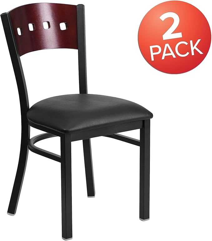 Flash Furniture 2 Pk. HERCULES Series Black 4 Square Back Metal Restaurant Chair - Mahogany Wood Back, Black Vinyl Seat