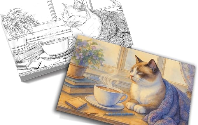 Artwink Watercolor Coloring Cards – 15 Sheets (5x7 Inches), Great for Coloring Book Lovers & Watercolor Painting Practicee (Cat/Dog/Bird/Landscape Illustrations) (Cat Theme (Book))