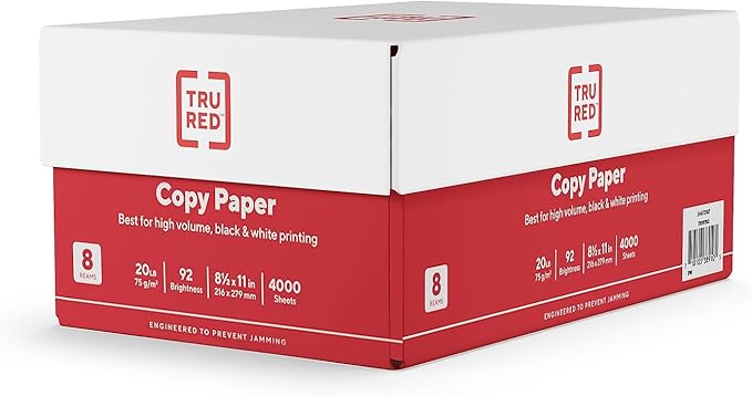 TRU RED 8.5 x 11-Inch Copy Paper, 20 lbs., 92 Bright, 500 Sheets/Ream, 8 Reams/Carton